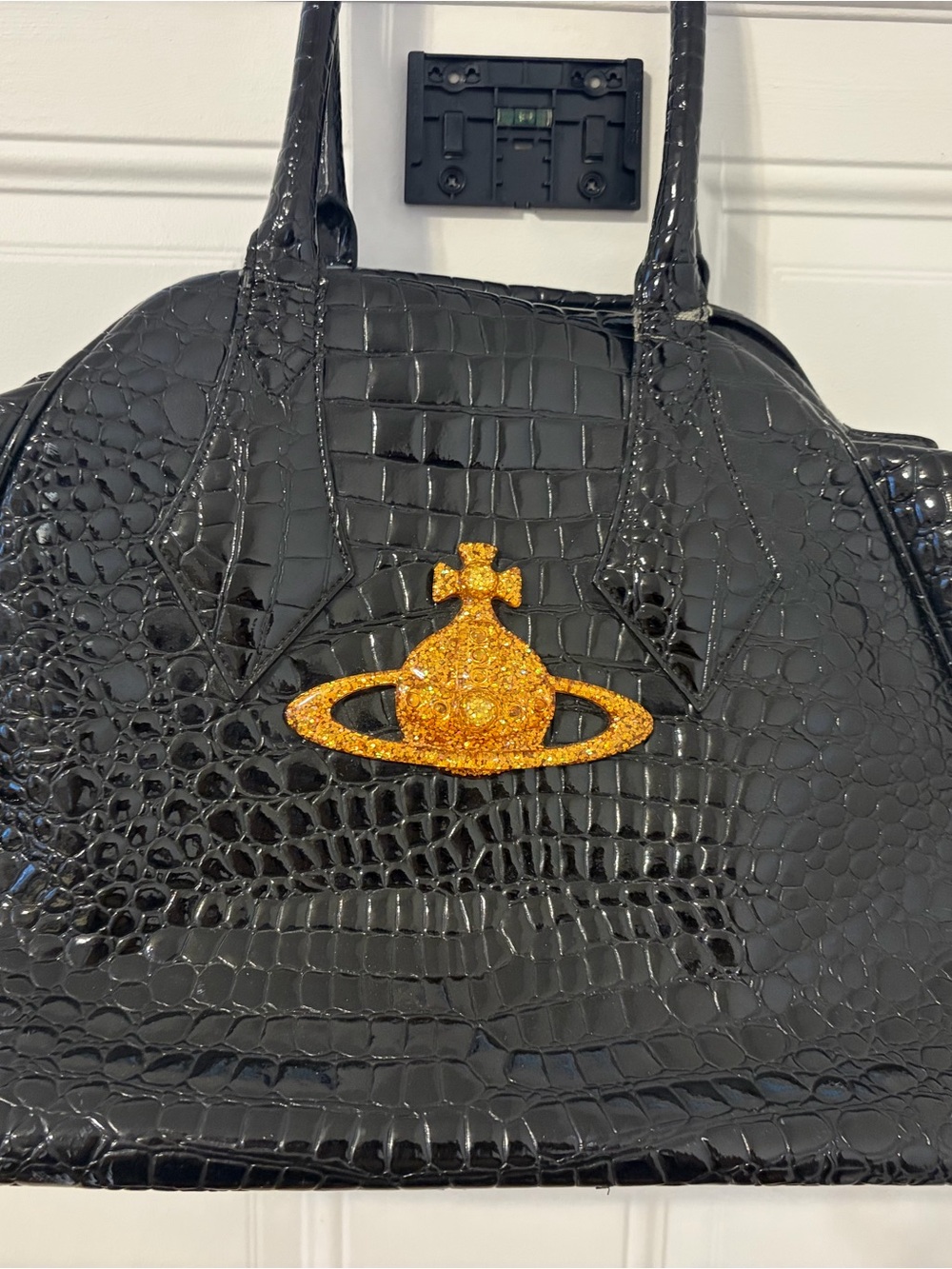 Vivienne Westwood Black Croc-Embossed Shoulder Bag large bowling bag